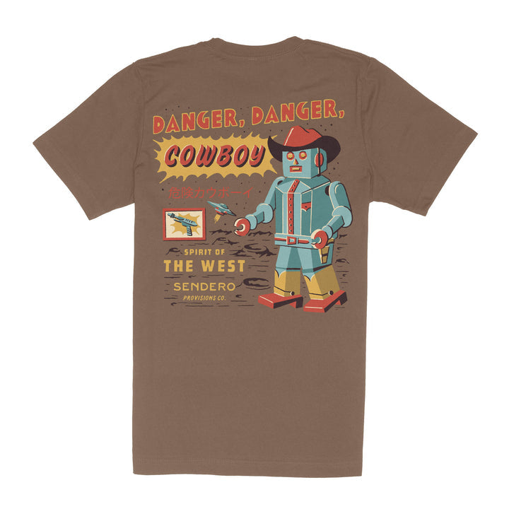 The Danger Cowboy T-Shirt by Sendero Provisions Co. is a soft brown cotton tee featuring a cartoon cowboy robot, "Danger, Danger, Cowboy" text, and western graphics—perfect for your adventurous sidekick.