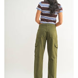 A person stands facing away, wearing a short-sleeve striped shirt and the JBD Dark Olive Cargo pants, which are high-rise, wide-leg with side pockets, against a plain white background.