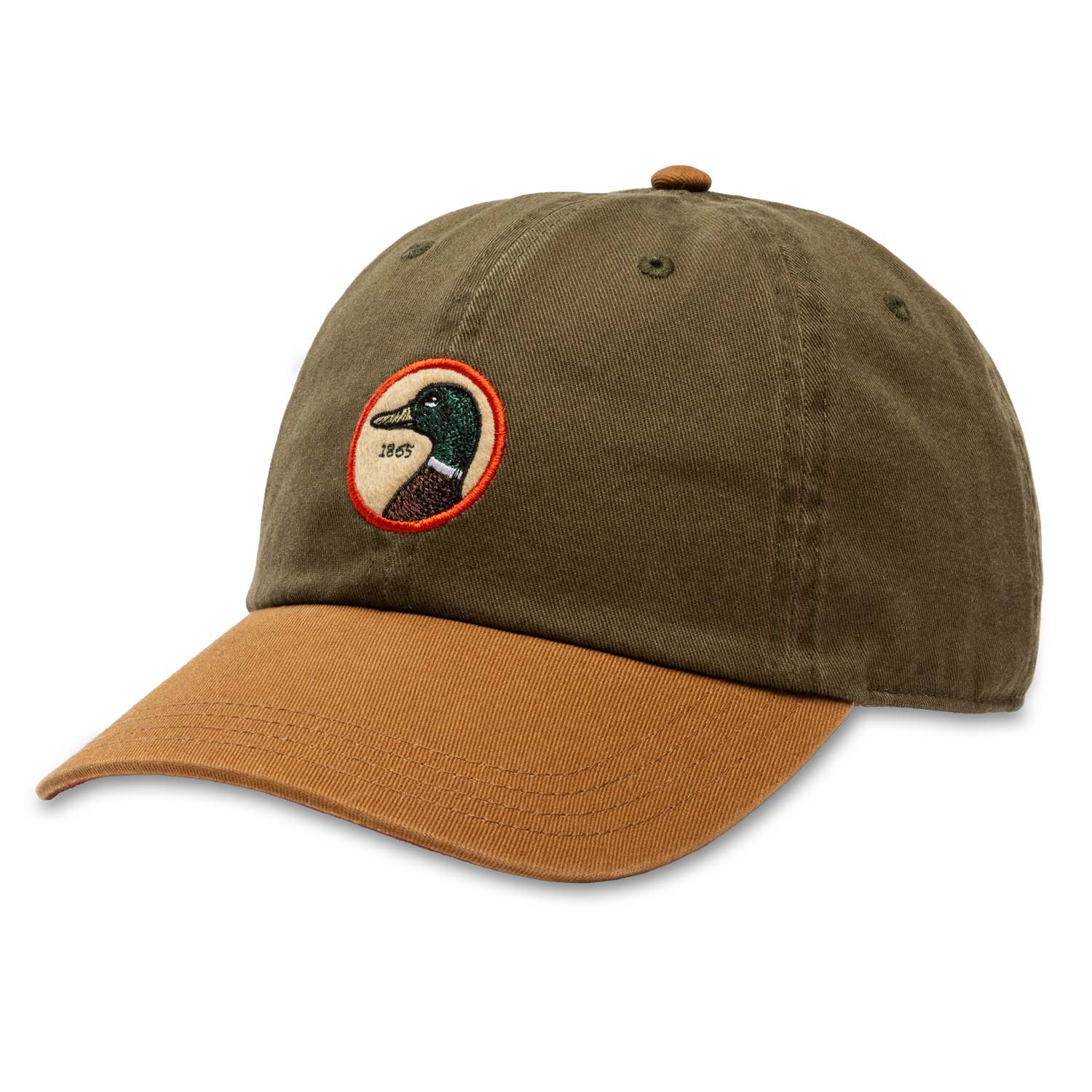 The Duck Head Dark Olive Circle Patch Twill Hat features a brown brim and a signature circular duck head patch, making it a standout accessory for everyday style.