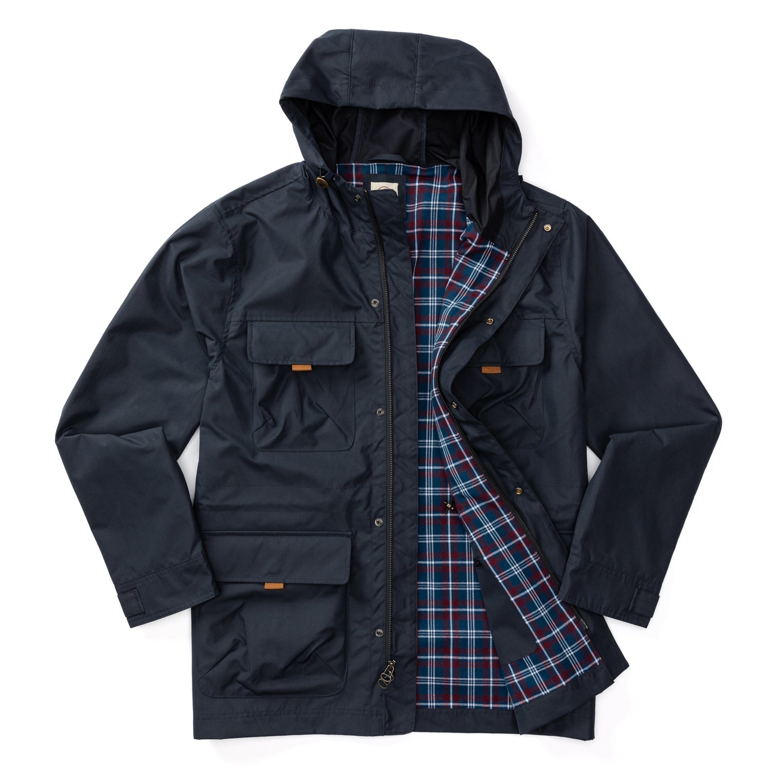 The Duck Head Davenport Weather Resistant Jacket is a navy hooded jacket with snap pockets, shown open to reveal a blue, red, and white plaid lining.
