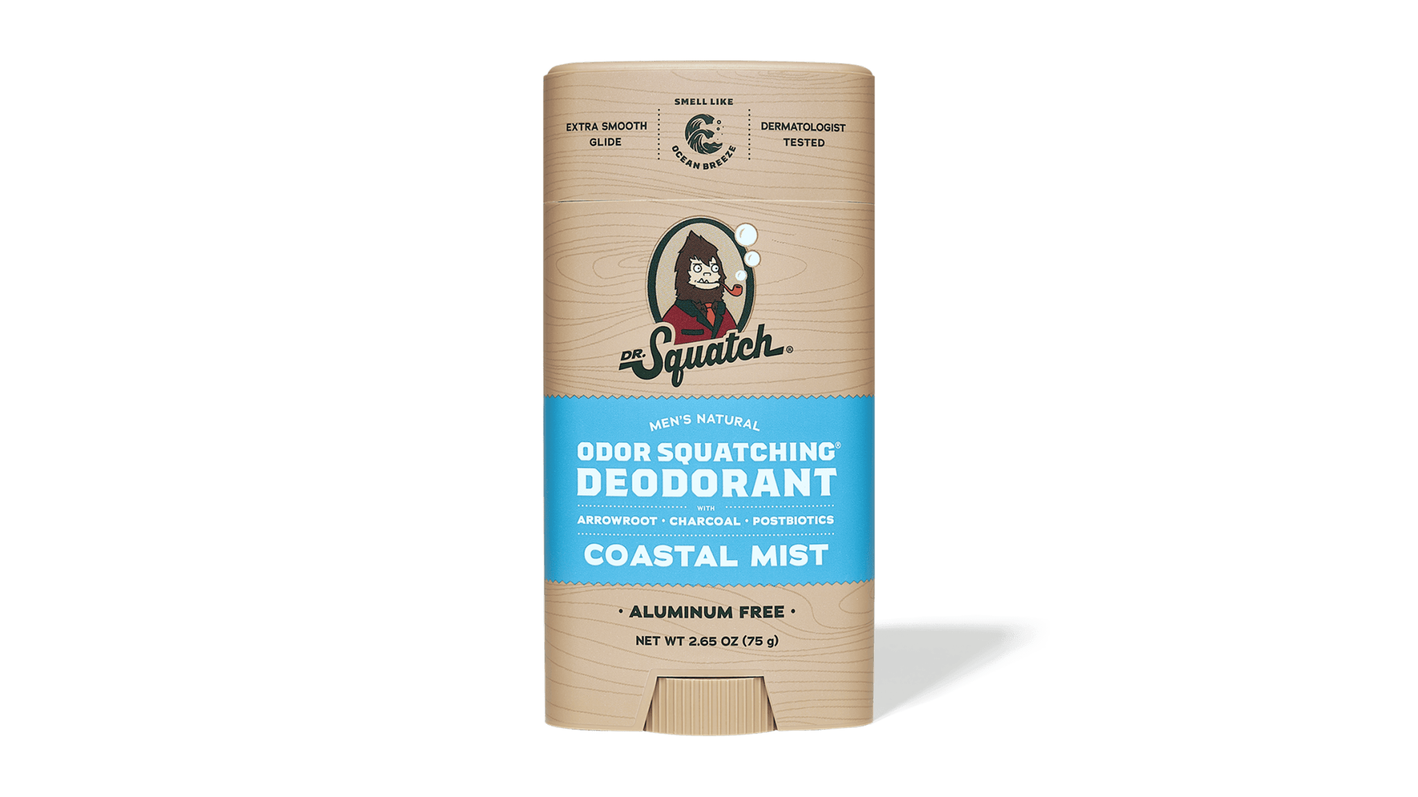 Dr. Squatch Deodorant in Coastal Mist for men features an ocean breeze scent and comes with a tan and blue label displaying product details.