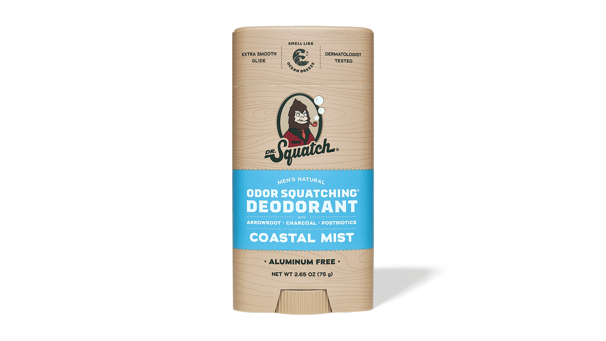 Dr. Squatch Deodorant | Coastal Mist features a wood-patterned label with blue accents and delivers ocean breeze freshness for lasting odor protection.