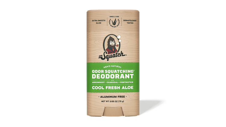 A stick of Dr. Squatch Deodorant in Cool Fresh Aloe, featuring Arrowroot Powder, with a woodgrain design and green label for a refreshing scent.