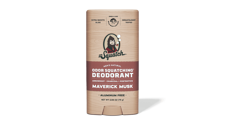 A 2.65 oz (75 g) stick of Dr.Squatch Deodorant | Maverick Musk, featuring a wood-grain look and labeled aluminum free.