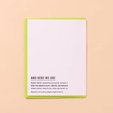 The Dilly Dally Pickle Birthday Card by And Here We Are is a white letterpress card with a green border, reading “AND HERE WE ARE.” It’s blank inside and hand printed by a woman-owned business.