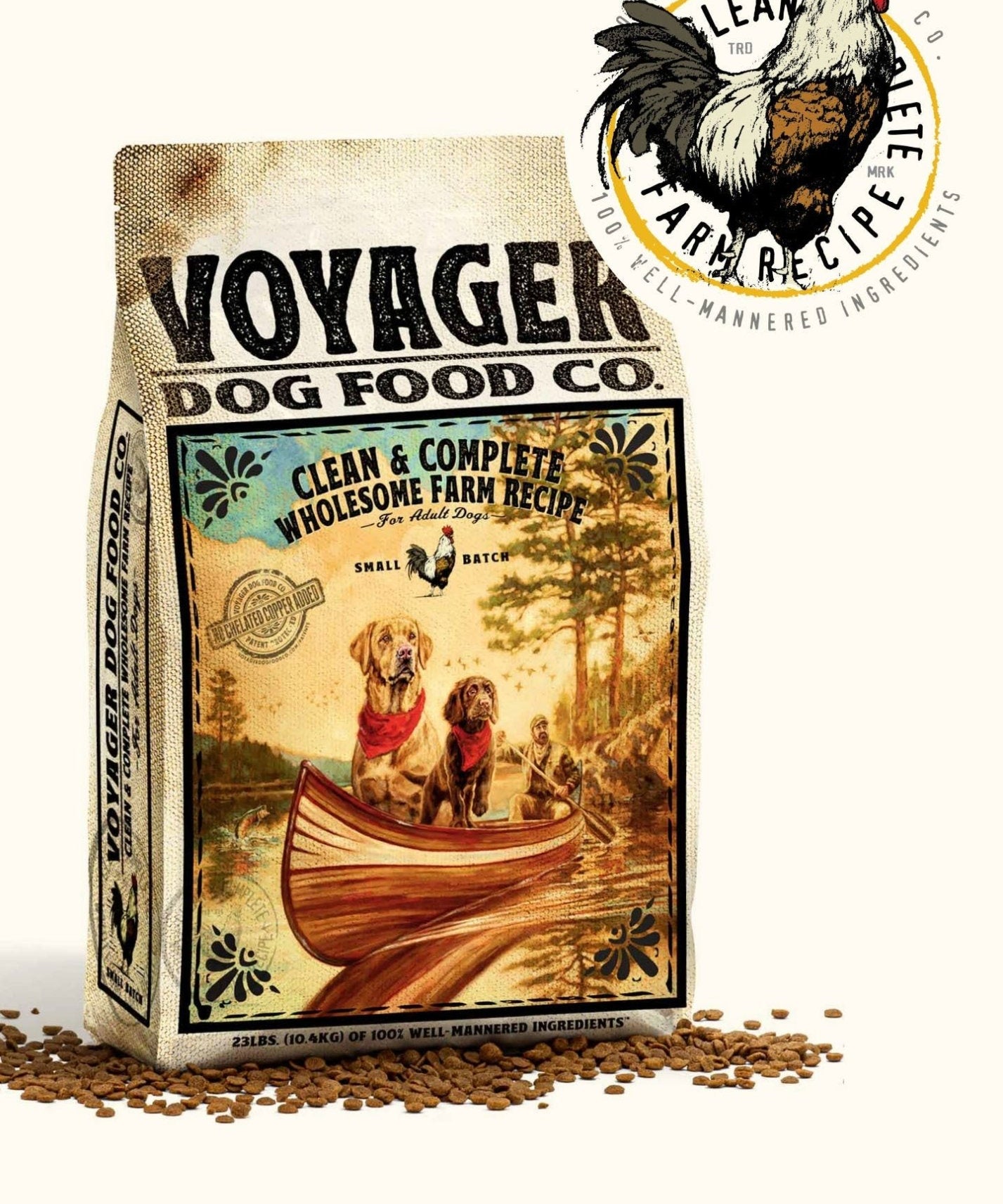 A bag of Voyager Dog Food Co., labeled “Clean & Complete Wholesome Farm Recipe,” displays two dogs in a canoe and a rooster logo. Scattered kibble sits nearby. This veterinarian-formulated dog food supports your pet’s health.