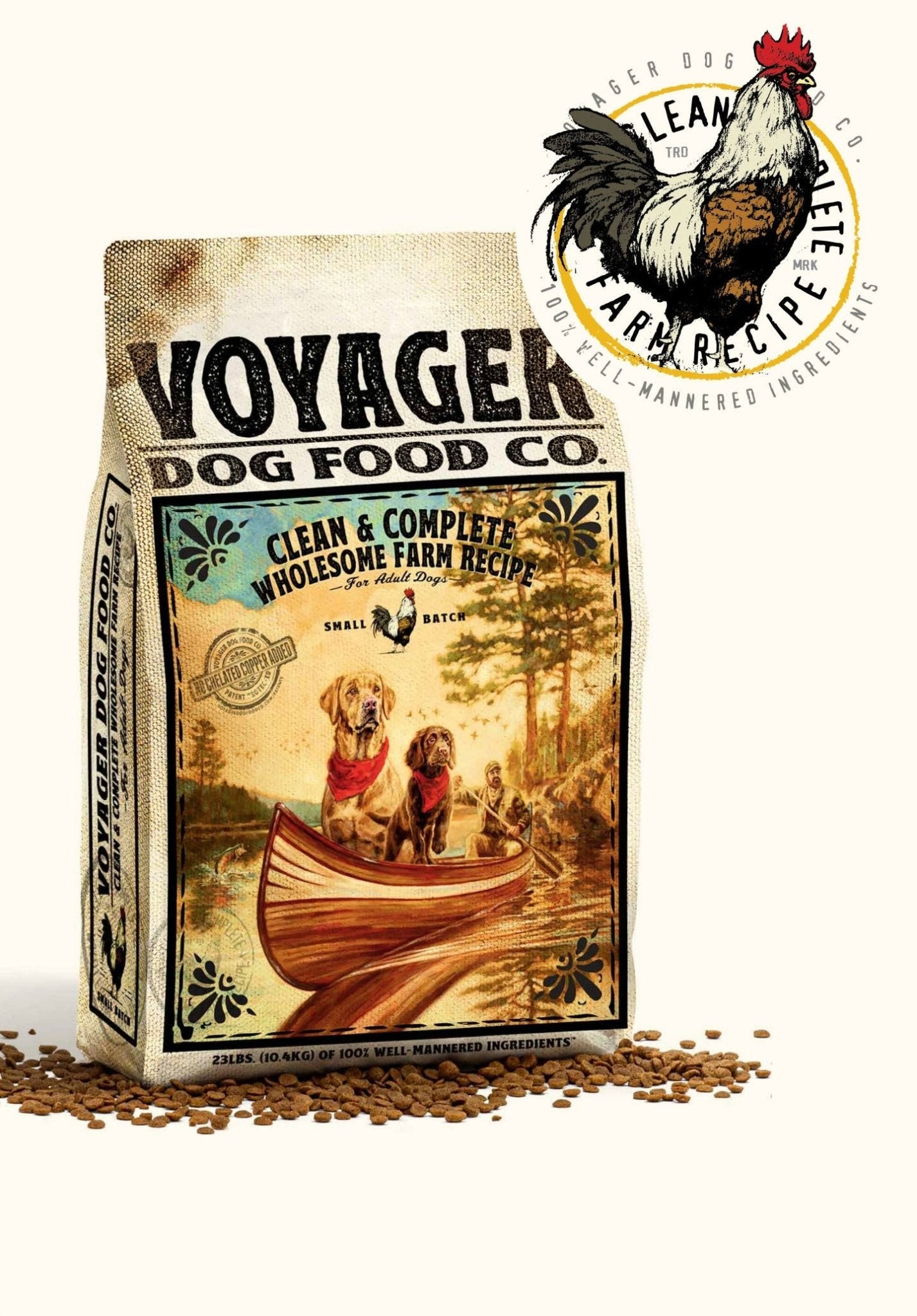 Voyager Dog Food Co. Clean & Complete Wholesome Farm Recipe is a veterinarian-created dog food, ideal for dogs with copper storage disease. Packaging shows two dogs in a canoe, scattered kibble, and the Voyager Dog Food Co. rooster logo.