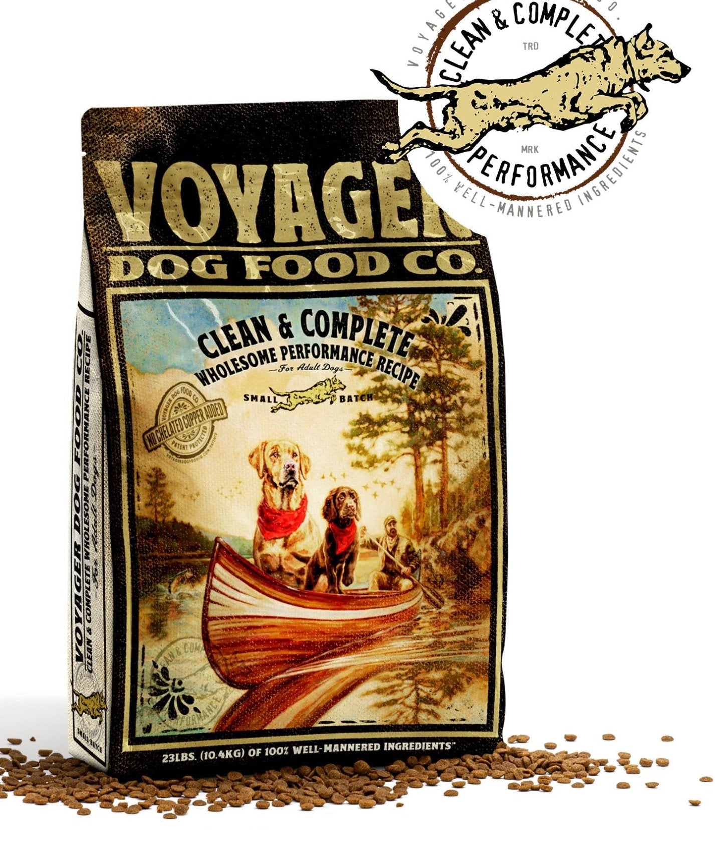 A bag of Voyager Dog Food Co. Dog Food, veterinarian formulated, with an illustration of three dogs in a canoe and scattered kibble on a white background.