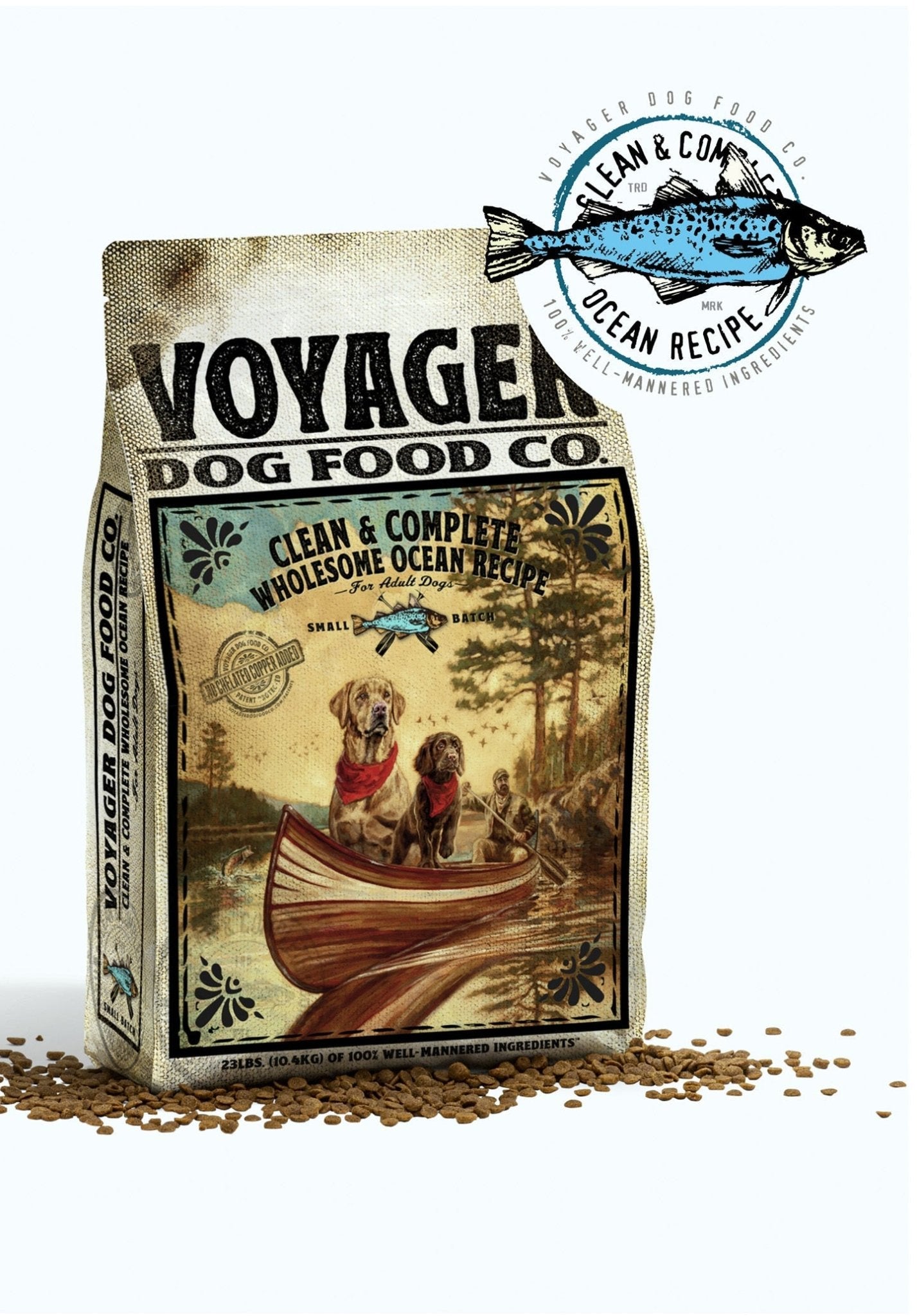 Voyager Dog Food Co.'s Dog Food, crafted for optimal health, shows dogs in a canoe with scattered kibble and a "Clean & Complete Ocean Recipe" label on the packaging.