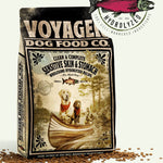 Voyager Dog Food Co.'s "Sensitive Skin & Stomach" Dog Food features two dogs in a canoe with kibble on the bag, formulated by veterinarians for dogs with special needs.