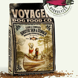 Voyager Dog Food Co.'s "Sensitive Skin & Stomach" Dog Food features two dogs in a canoe with kibble on the bag, formulated by veterinarians for dogs with special needs.