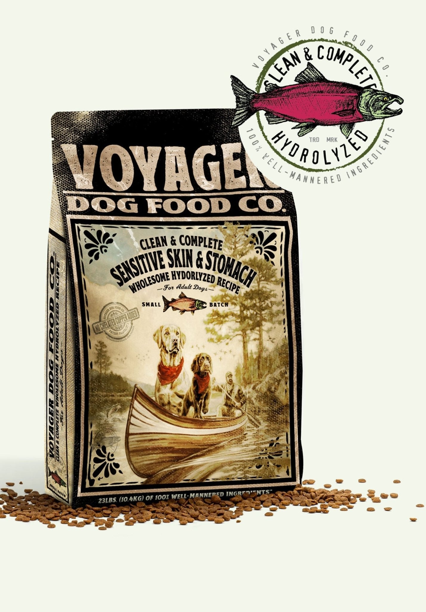 Voyager Dog Food Co.'s "Sensitive Skin & Stomach" Dog Food features two dogs in a canoe with kibble on the bag, formulated by veterinarians for dogs with special needs.