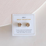 JaxKelly’s Druzy Prong Rose Gold Earrings feature shimmering gold druzy stones, displayed on a white card with “sisters not twins.” Hypoallergenic for comfortable, everyday wear. From the JaxKelly Druzy Collection.