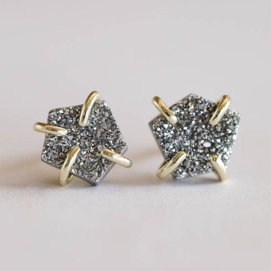 JaxKelly Druzy Prong - Silver Earrings feature hexagonal druzy stones set in gold prongs, crafted from tarnish-free sterling silver, displayed on a plain light background.