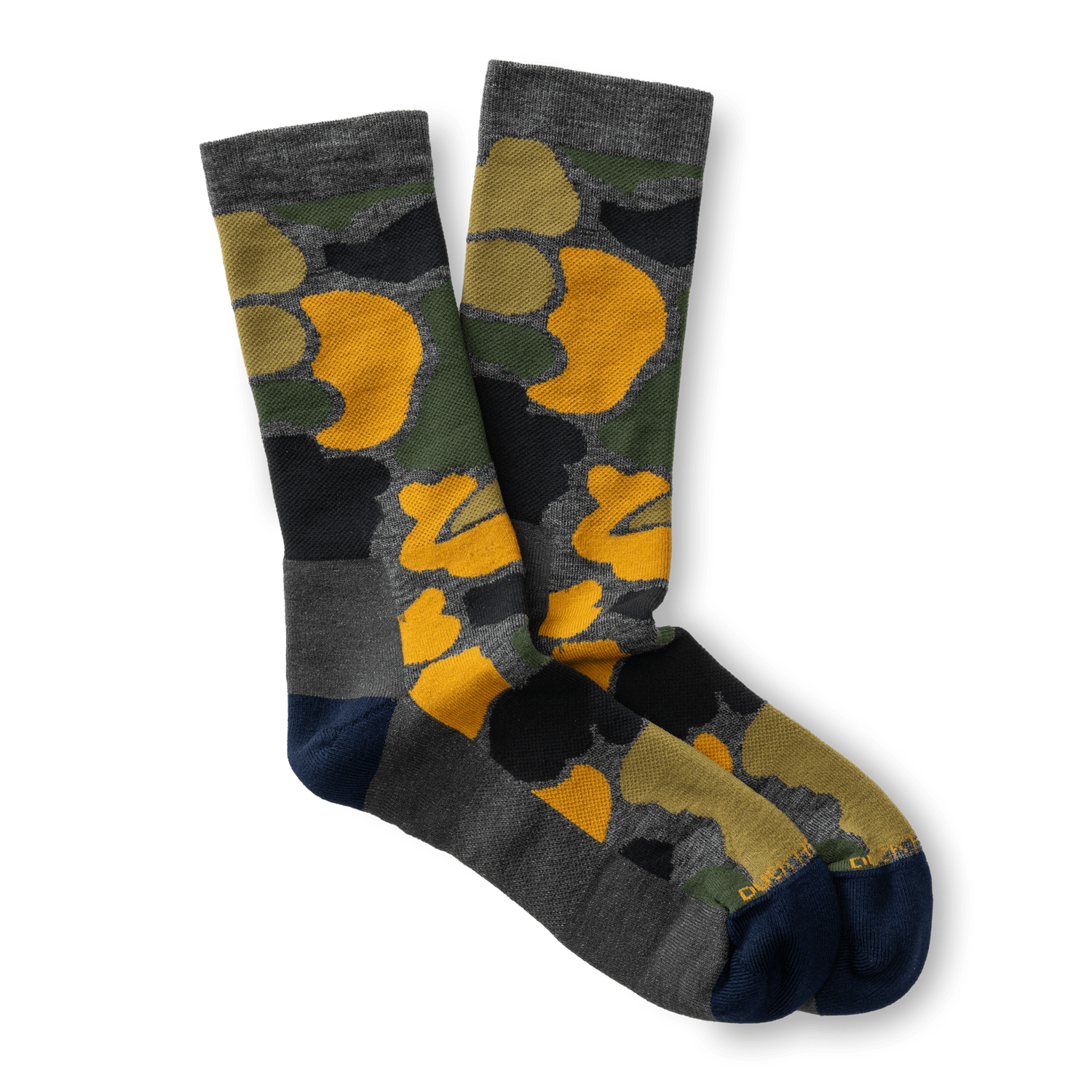 Duck Head Merino Wool Sock crew socks in a dark camo pattern with yellow accents and solid gray and navy blue heels and toes.