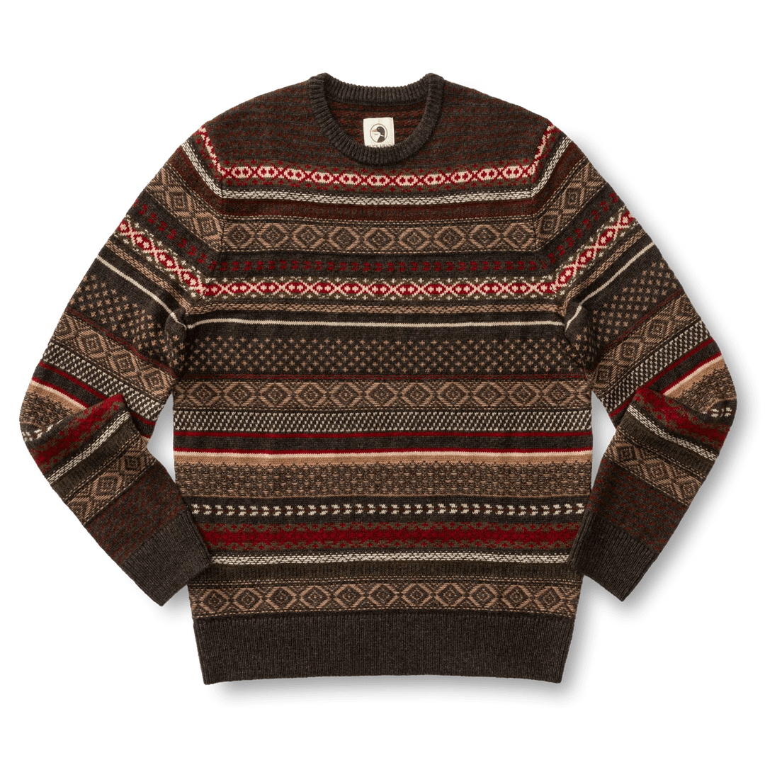 Brown long-sleeved Bird Fair Isle Crewneck Sweater in a 7 gauge jersey jacquard with a multicolored geometric pattern across the chest and sleeves.