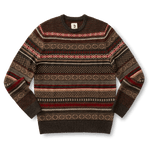 Brown long-sleeved Bird Fair Isle Crewneck Sweater in a 7 gauge jersey jacquard with a multicolored geometric pattern across the chest and sleeves.