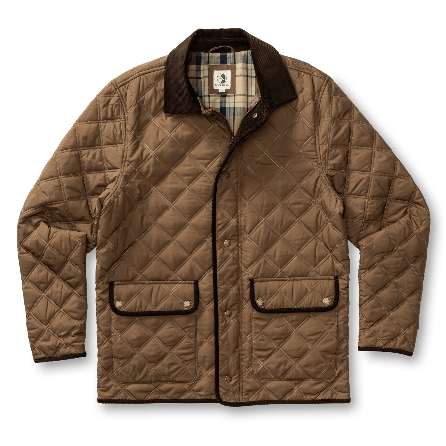 Brown Fremont Lodge Performance Quilted Jacket by Duck Head, featuring a corduroy collar, plaid interior lining, and water-repellent recycled polyester construction.