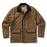 Brown Fremont Lodge Performance Quilted Jacket by Duck Head, featuring a corduroy collar, plaid interior lining, and water-repellent recycled polyester construction.