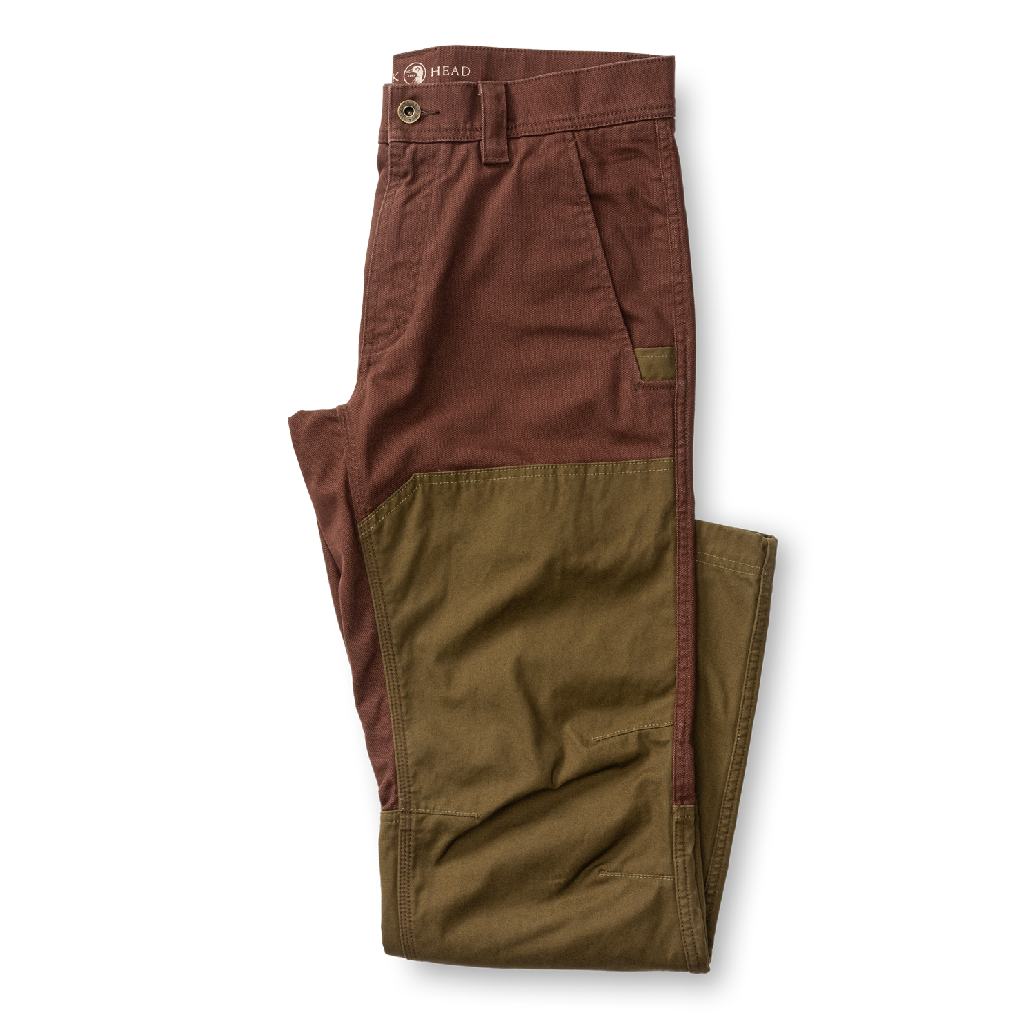Brown and olive green Duck Head Field Canvas Briar Pant with reinforced panels on the front of the legs for abrasion resistance.