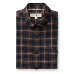 Folded Duck Head Cotton Flannel Sport Shirt in a navy and olive green plaid pattern with thin pink lines.