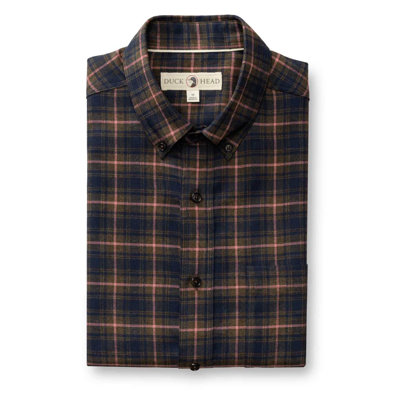 Folded Duck Head Cotton Flannel Sport Shirt in a navy and olive green plaid pattern with thin pink lines.
