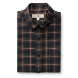 Folded Duck Head Cotton Flannel Sport Shirt in a navy and olive green plaid pattern with thin pink lines.