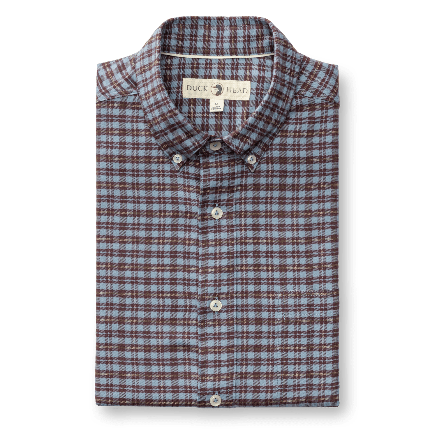 Folded Cotton Flannel Sport Shirt Duck Head in a blue and brown plaid pattern with a button-down collar.