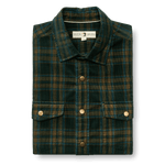 Folded Duck Head Corduroy Snap Shirt in dark green and brown plaid, featuring gold snap buttons and two chest pockets.