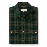 Folded Duck Head Corduroy Snap Shirt in dark green and brown plaid, featuring gold snap buttons and two chest pockets.