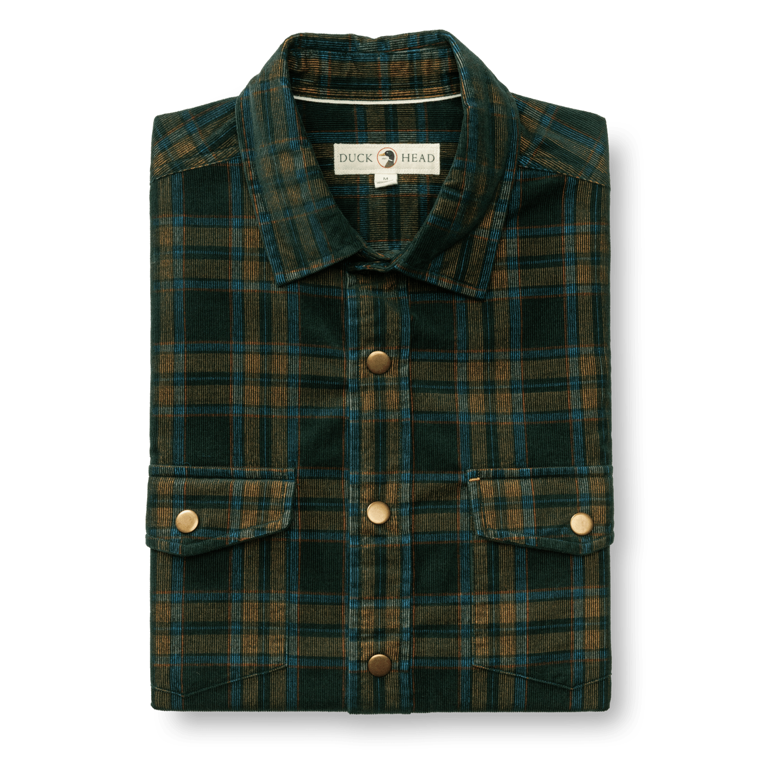 Folded Duck Head Corduroy Snap Shirt in dark green and brown plaid, featuring gold snap buttons and two chest pockets.