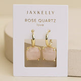 A pair of gold hoop earrings featuring square rose quartz stones, the Gemstone Mini Drop | Rose Quartz by JaxKelly showcases timeless elegance as part of JaxKelly’s tarnish-free jewelry collection.