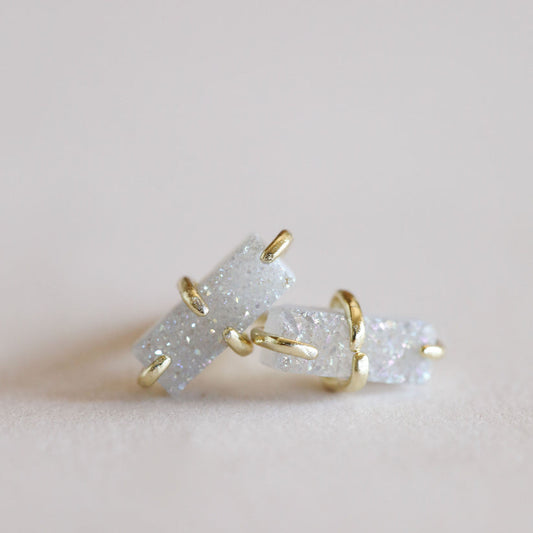 Gold Ring With White Druzy Crystals On Display - Earrings | Druzy Bar - White | Jaxkelly
