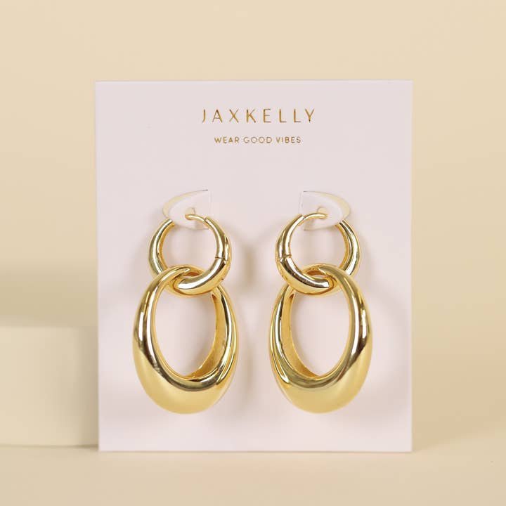 JaxKelly Gold Hoop Coupled Earrings: lightweight double hoops in 18kt gold, displayed on a white branded card with the message "Wear Good Vibes.