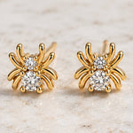 Mesa Blue Tiny Cz Spider Stud Earrings feature multiple legs and two clear round cubic zirconia gemstones on each earring, crafted from tarnish-resistant 18K gold plated metal. Displayed on a light stone surface, these unique studs from Mesa Blue offer an elegant touch and lasting shine.