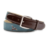 The Duck Head Embroidered Leather Belt features a blue nubuck leather strap with brown trim, a silver buckle, cotton web backing, and an embroidered airplane detail near the end.