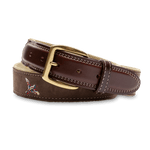 The Duck Head Embroidered Leather Belt features brown nubuck leather with suede, white stitching, a gold-tone buckle, an embroidered duck motif, cotton web backing, and is proudly made in the USA.