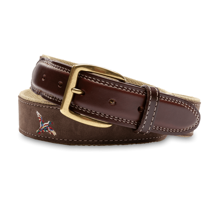 The Duck Head Embroidered Leather Belt features brown nubuck leather, a gold buckle, cotton web backing, and is made in the USA.