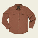 The Howler Brothers Emerger Tech Longsleeve is a brown, lightweight UPF 35 shirt with a button-up front, two chest pockets, a zip pocket, and collar, shown laid flat on a light background.