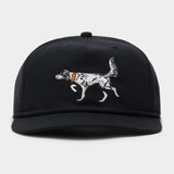 The Duck Camp English Setter Hat is a black adjustable cap with an embroidered dog in an orange collar on the front, made from a durable polyester shell.