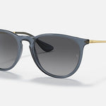 Ray-Ban 4171 Erika sunglasses feature a gray round frame, dark gradient lenses, and slim gold arms for stylish UV protection, shown on a white background.