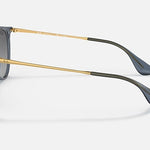 A side view of Ray-Ban 4171 Erika sunglasses with dark lenses, gold arms, and dark blue temple tips on a light background showcases their round shape and stylish UV protection.