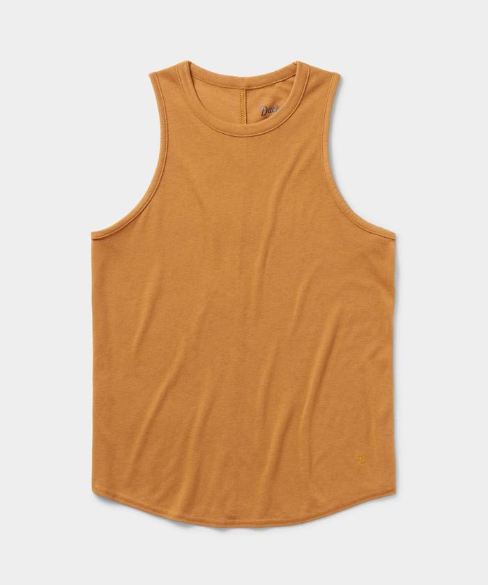 The Duck Camp Essential drirelease® Tank, a sleeveless mustard yellow quick-dry top made from ultra-soft fabric, is shown laid flat on a white background.