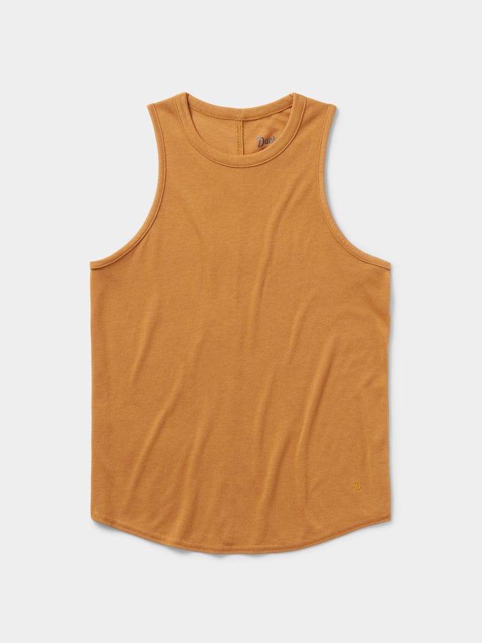 The Duck Camp Essential drirelease® Tank, a sleeveless mustard yellow quick-dry top made from ultra-soft fabric, is shown laid flat on a white background.
