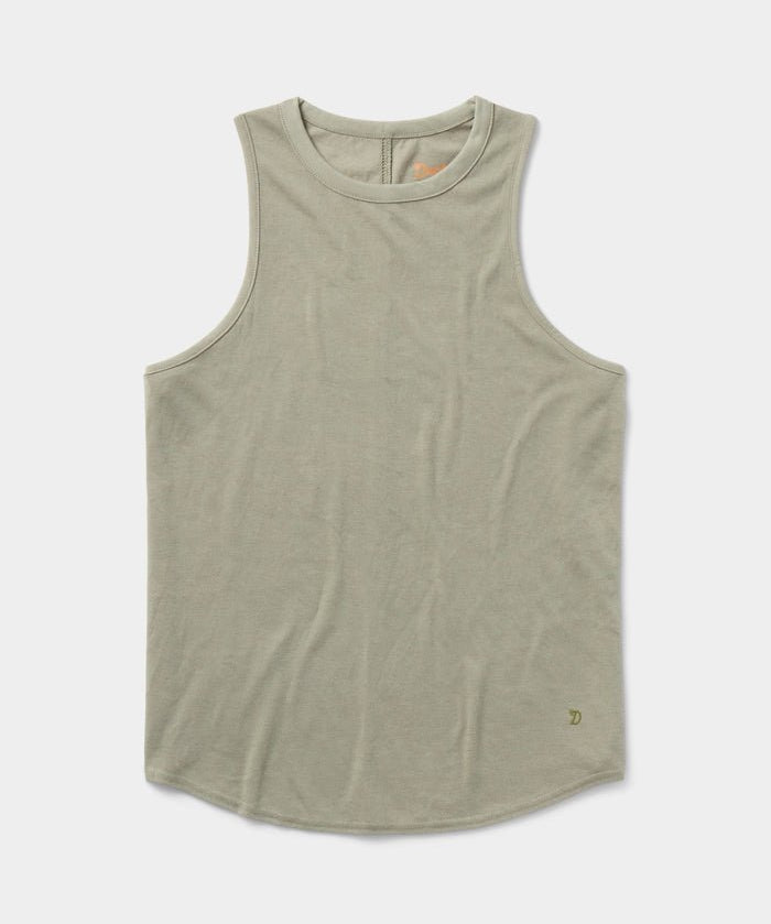 The Duck Camp Essential drirelease® Tank, a light olive green sleeveless top made from ultra-soft fabric, is shown laid flat on a white background.