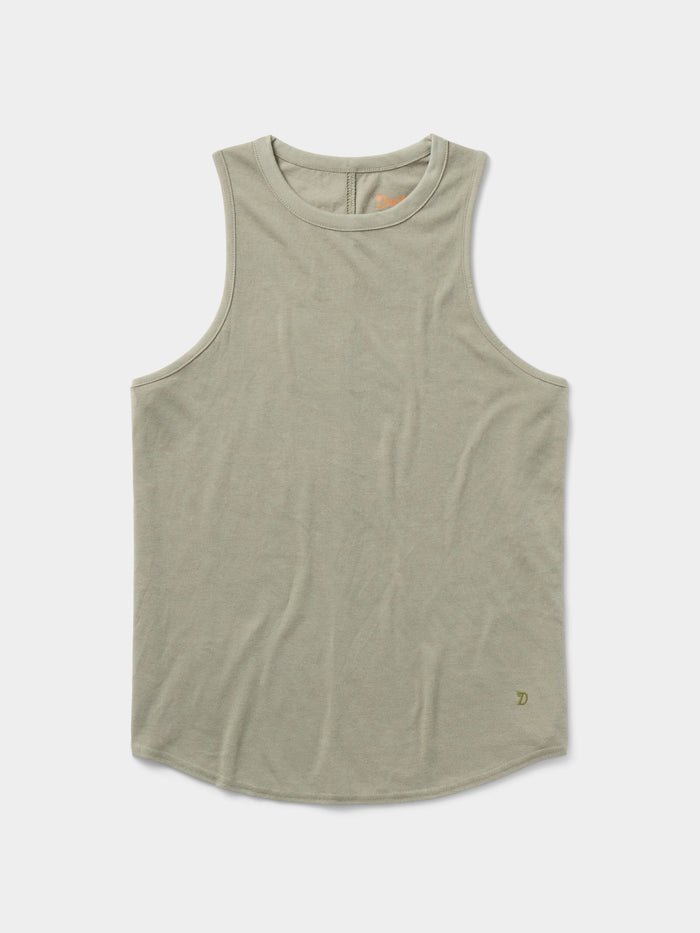 The Duck Camp Essential drirelease® Tank, a light olive green sleeveless top made from ultra-soft fabric, is shown laid flat on a white background.