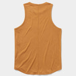 The Essential drirelease® Tank by Duck Camp, a sleeveless mustard quick-dry top, is laid flat and displayed from the back on a white background.