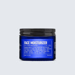 A blue jar labeled "Face Moisturizer | Blu Atlas," a hydrating moisturizer with seaweed extract for all skin types, ideal for dry skin, made in NYC by Blu Atlas.
