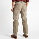 A person wearing Duck Head Field Canvas Briar Pants, a brown belt and shoes, plus a long-sleeve maroon shirt, is photographed from the back against a plain white background.