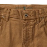 Close-up of the waistband and upper front of Duck Head’s Field Canvas Five-Pocket pants in brown, featuring stretch canvas, button closure, belt loops, and a visible "DUCK HEAD" label inside. Classic fit chinos from Duck Head.